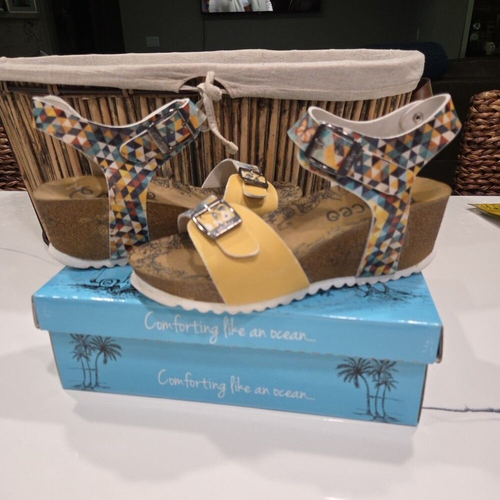Calceo Multicolor Geometrical cork wedge platform slide sandals-39-US 8.5 SHELF